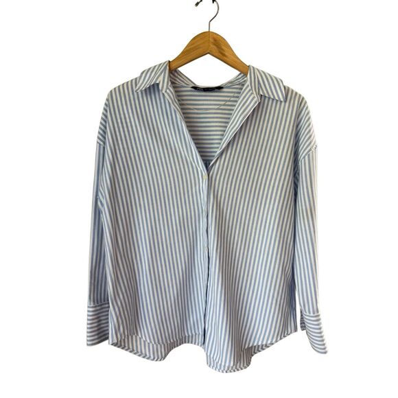 ZARA Blue & White Oversized Striped Button Down Shirt Size S - Picture 3 of 9